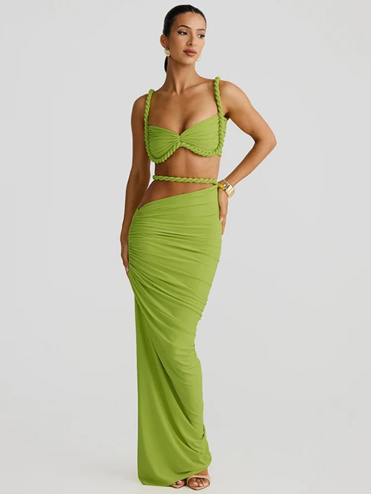 2 Piece Set Twisted Hollowed Out Crop Top and Long Skirt Vacation Outfits Women Summer Beach Party Dress