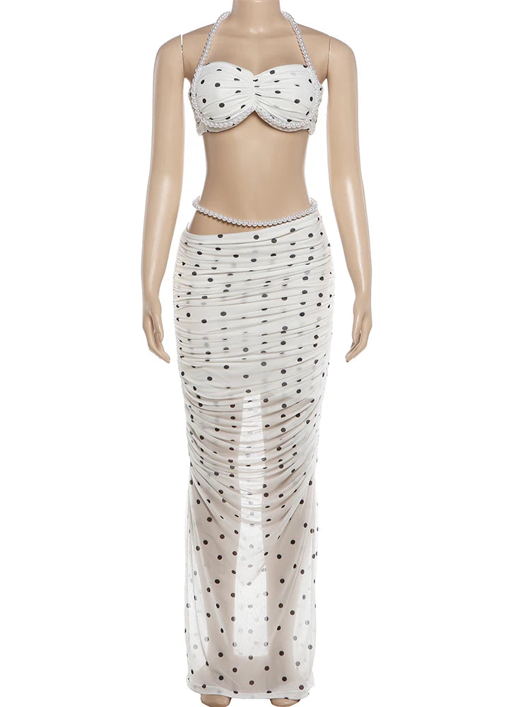 Polka Dot Print 2 Piece Set Woman Beads Decoration Halter Backless Tank Tops+Ruched Long Skirt Y2K Elegant Style Suit