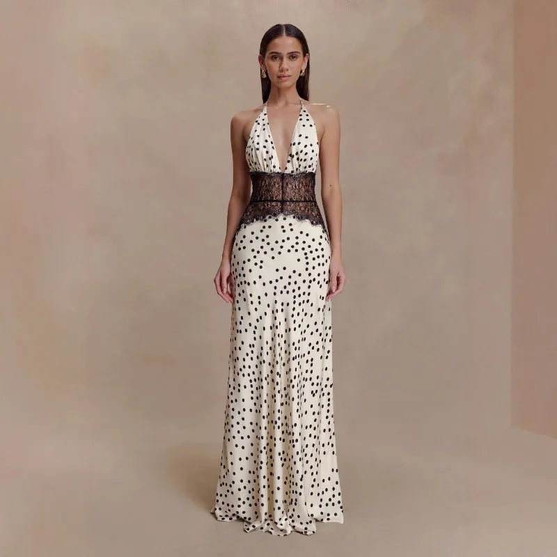 Lace and Satin Polka Dot Party Dresses for Woman Elegant Deep V Neck Backless Maxi Dress Summer 2026