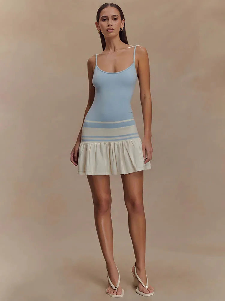 Summer Patchwork Sexy Mini Dress Women Fashion Spaghetti Strap Sleeveless Backless Ruffle Club Party Dress Elegant