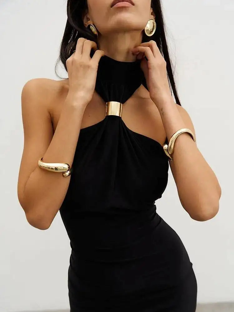 Turtleneck Off-shoulder Sexy Knit Maxi Dress For Women Gown Metal Buckle Strapless Sleeveless High Waist Knitted Dress
