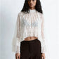 Women's Sheer Shirts Flare Long Sleeve Mock Neck Lace Floral Tops Fashion Ruffled Peplum Hem Cropped Blouse Streetwear