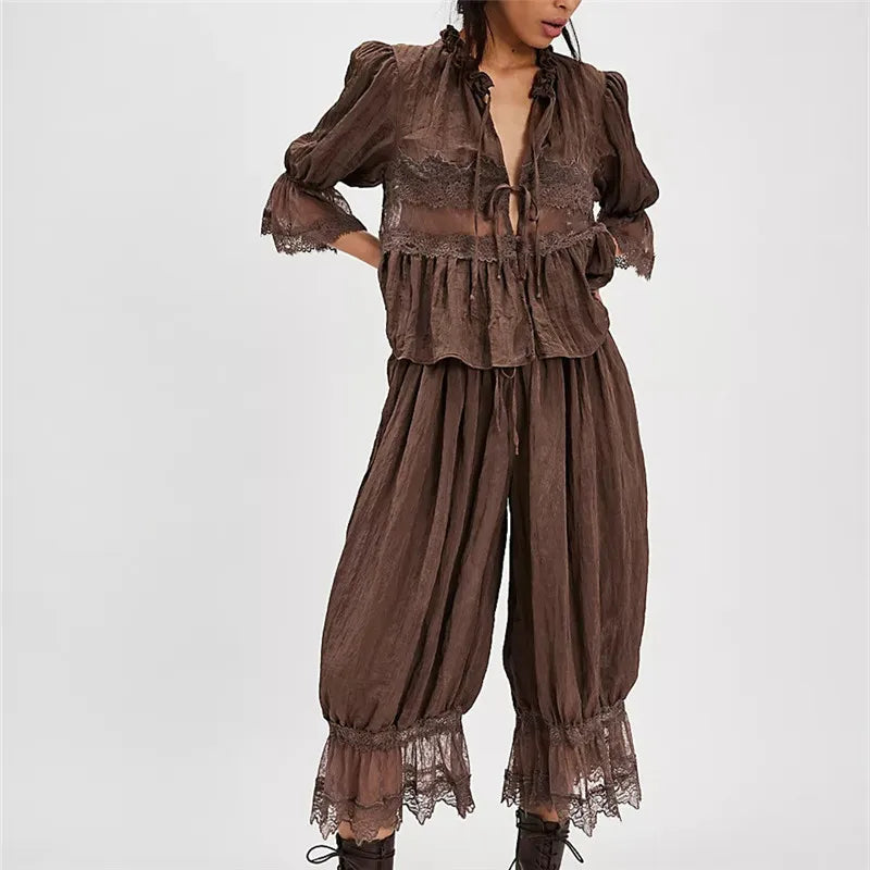 Women Lace Trim 2 Piece Pajamas Sets Y2k Bow Tie Front Short Sleeve Shirts + Ruffle Flared Lantern Pants Loungewear