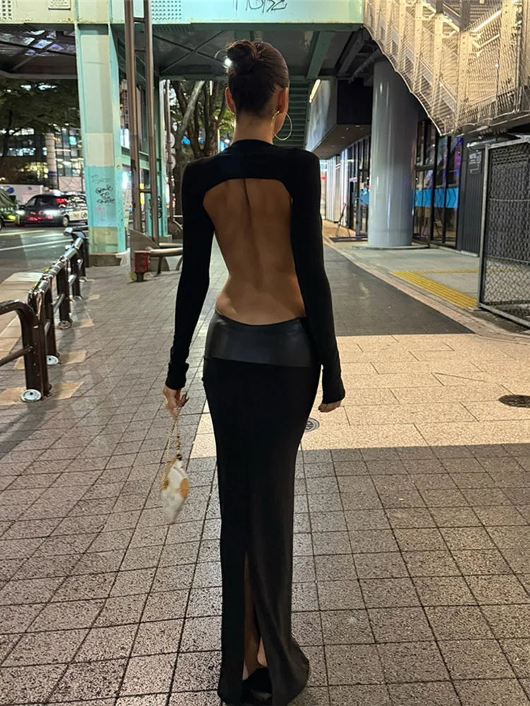 Hot Girls Leather Patchwork Long Dresses Woman Sexy Deep V-Neck Backless Full Sleeve Style High Street Elegant Vestidos