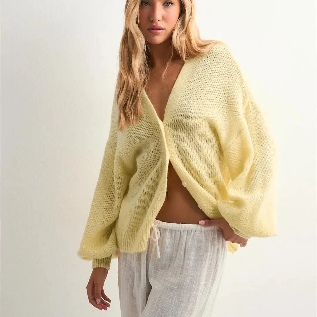 Women's Solid Color Knit Cardigan Autumn V-Neck Fuzzy Long Sleeve Button Front Closure Sweaters Winter Casual Knitwear