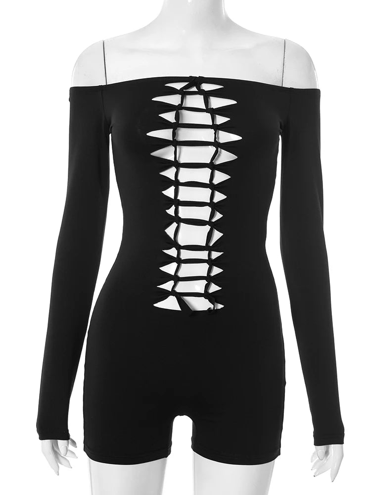 Sexy Hollow Knot Playsuits Women Fall Slash Neck Long Sleeve Stretch Coquette Midnight Party Clubwear Skinny Romper