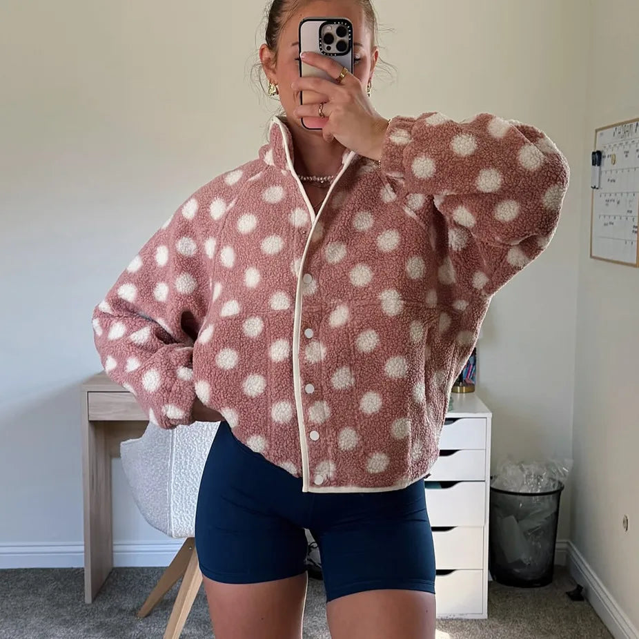 Womens Winter Warm Fleece Jacket Y2K Streetwear Polka Dot Pattern Long Sleeve Lapel Button Down Sherpa Coat Outerwear