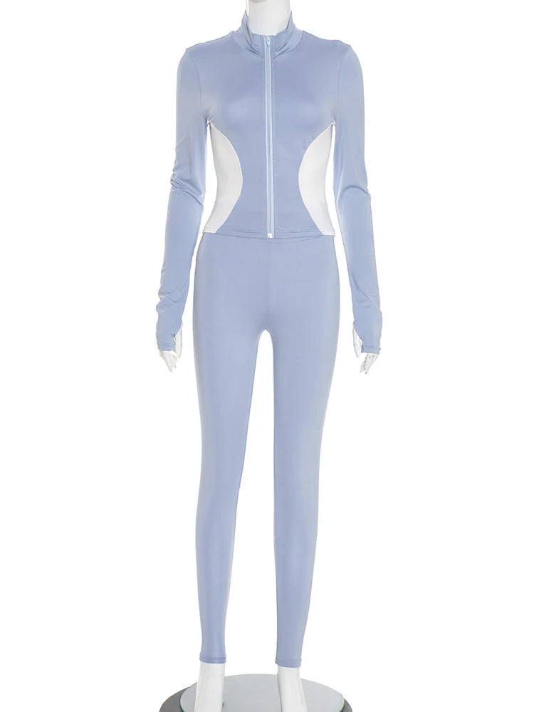 Contrast Patchwork 2 Piece Set Women Tracksuit Sporty Zip Full Sleeve Jacket+Skinny Leggings Daily Casual Streetwear