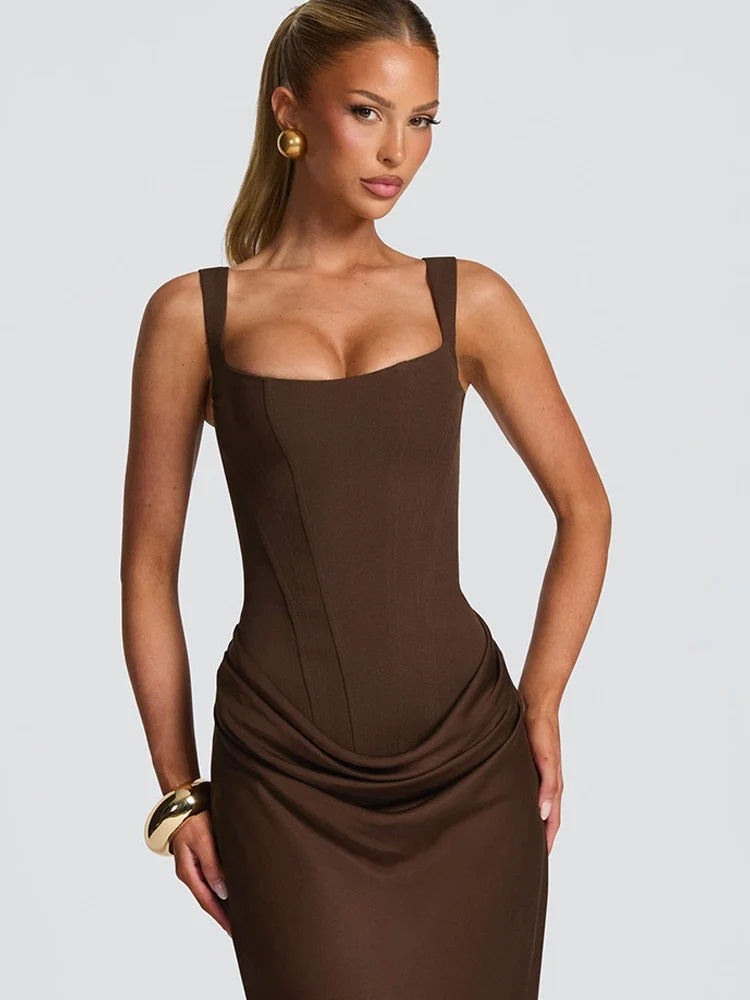 Square Neck Sleeveless Backless Corset Maxi Dress Sexy White Party Dresses Woman Elegant Evening Gown