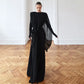Irregular Mesh Ribbon Design Maxi Dresses Long Sleeve White Black Party Dress Elegant Luxury Evening Gown