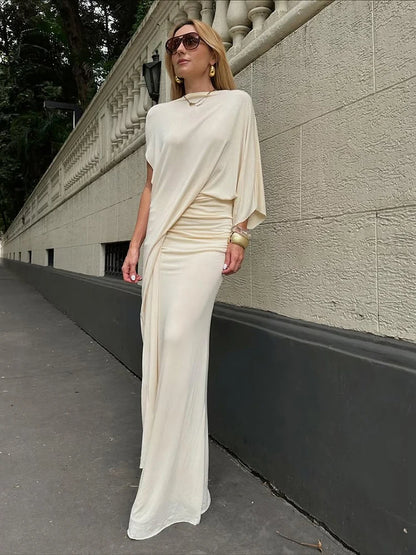 Elegant 2-Piece Set Women a Sleeve Irregular Hem Crop Tops+Folds Elastic Waist Long Skirts Solid Elasticity Fashion Suit