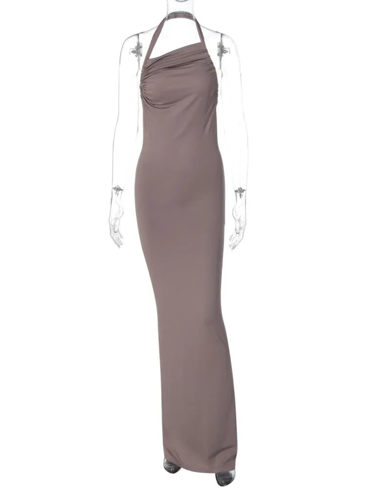 Halter Diagonal Collar Backless Sexy Maxi Dress Women Elegant Off-shoulder Sleeveless Bodycon Club Party Long Dress