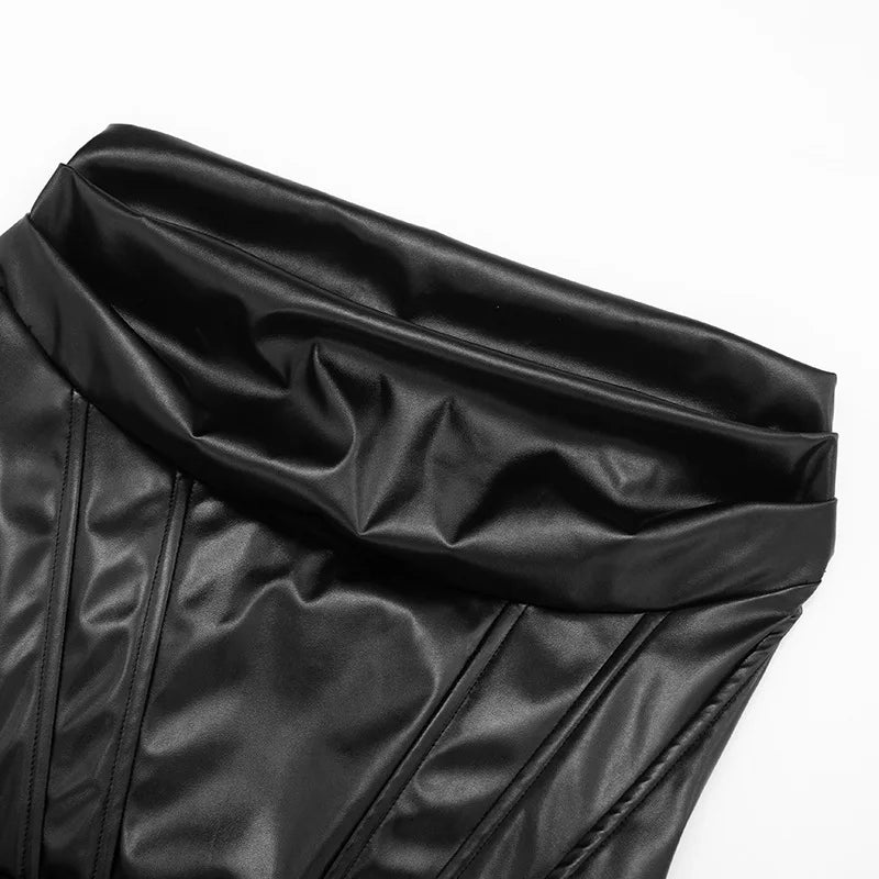 PU Leather Strapless Bodycon Dress Low Cut Fishbone Corset Pleated Mini Dresses Sexy Outfits Women Club Wear
