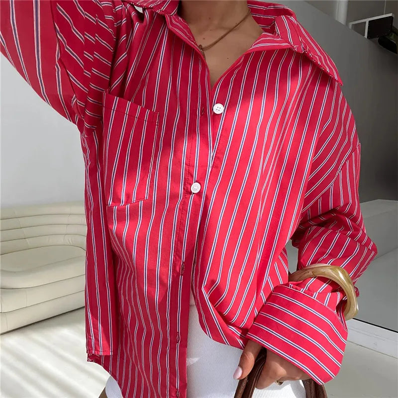 Women Spring Button Down Shirt Pinstripe Loose Fit Long Sleeve Button Up Shirt Wide Collar Casual Tops Workout Shirts