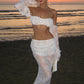 Mesh Patchwork 2 Piece Set Women Sexy Slash Neck Flared Sleeve Crop Tops+A-Line Long Skirts Beach Party Elegant Suits