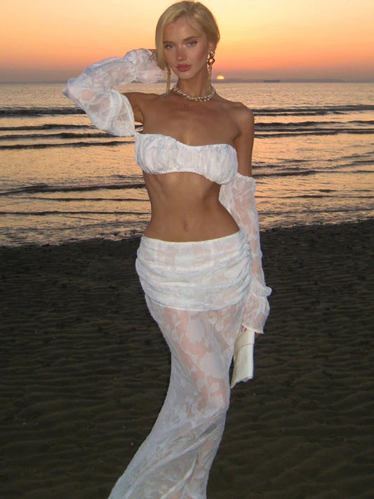 Mesh Patchwork 2 Piece Set Women Sexy Slash Neck Flared Sleeve Crop Tops+A-Line Long Skirts Beach Party Elegant Suits