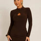 Women Polka Dot Sexy Mini Dress Lace Trim High Neck Cutout Long Sleeve Bodycon Short Dress Club Party Night Out Dresses