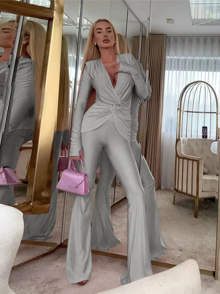 Casual Elegant 2 Piece Set Women Kink Design V-Neck Full Sleeve Tops+Straight Flared Pants Daily Simple Fashion Suits