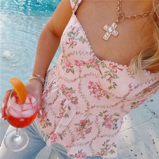 Y2K Vintage Cottagecore Floral Print Peplum Cami Top Women Tie Shoulder Smocked Back Lace Trim Crop Top for Summer