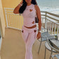 O-Neck Stretch 2 Piece Set Women Heart Hollow Sleeveless Tops+Skinny Pants Vacation Casual Simple Elegant Solid Suits