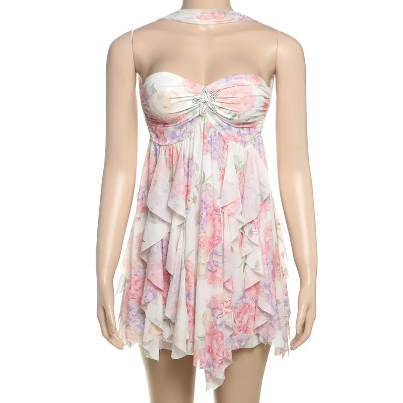 Floral Mesh Dresses Off Shoulder Halter Backless Irregular Mini Dress Sexy Outfits Woman Clothing