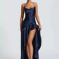 Satin Spaghetti Strap Ruffle Sexy Maxi Dress Women Off-shoulder Sleeveless Backless Thigh High Split Club Party Dress
