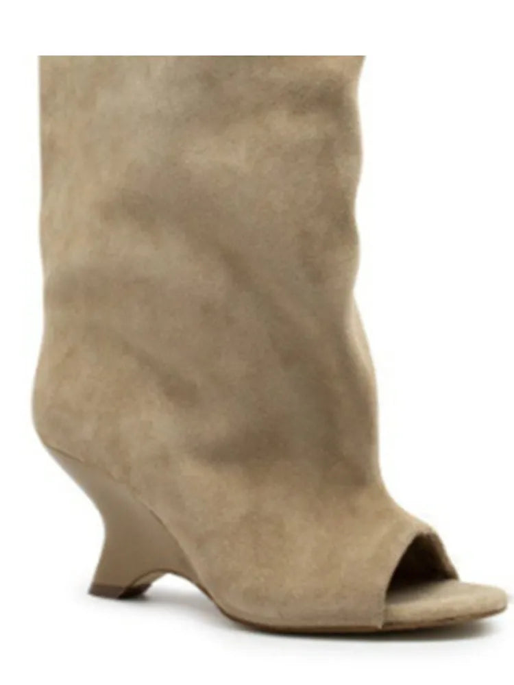 Women's Fish Mouth Thick High Heels Knee Length Cool Boots Slant Heel Fashion Show Large Size Spring/Summer Women's Boots
