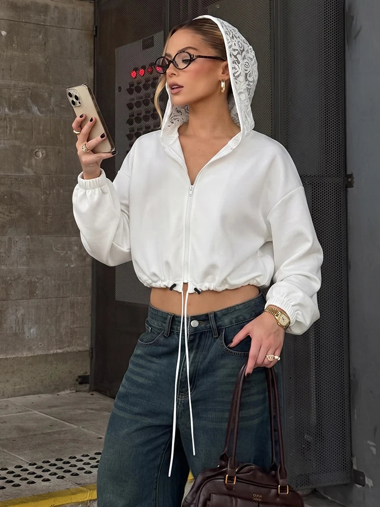 Jacquard Hooded Crop Jacket Women Trend Autumn Fashion Pleats Zip Patchwork Full Sleeve Trend Street Sporty Outfits
