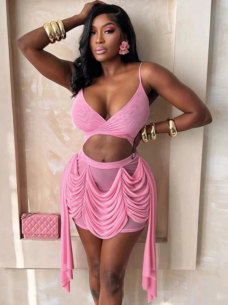 See Through Dress Women Waistless Summer Sexy Sleeveless Ruched Tassel Backless Vacation Midnight Party Club Bodycon