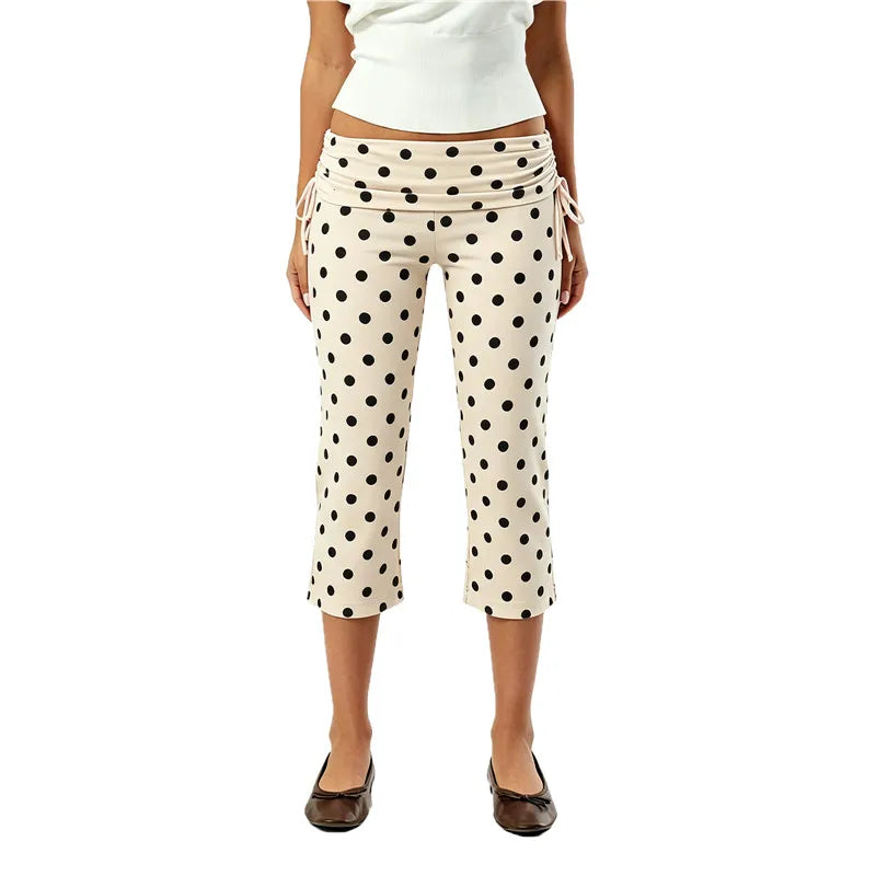 Women Y2K Trendy Low Waist 3/4 Length Capri Trouser Fold Over Waist Tie Side Drawstring Slim Fit Streetwear Lounge Pants