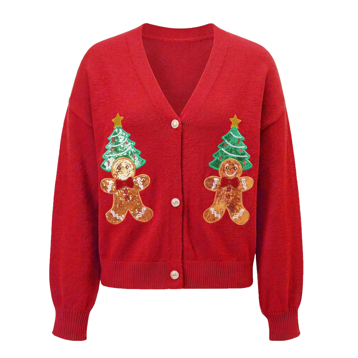 Womens Christmas Cropped Knit Cardigan V Neck Sequin Gingerbread Man Xmas Tree Patch Lantern Sleeve Button Down Sweater