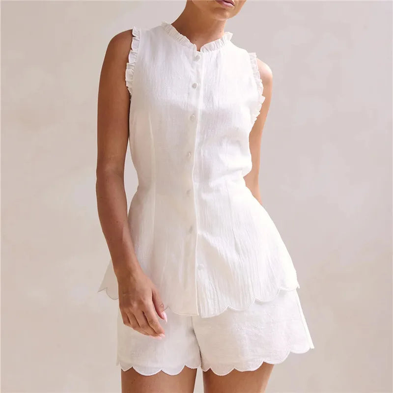 Women’s Casual 2 Piece Outfits Summer Sleeveless Ruffle Trim Tank Tops and Elastic Waist Shorts Set Vacation Beachwear
