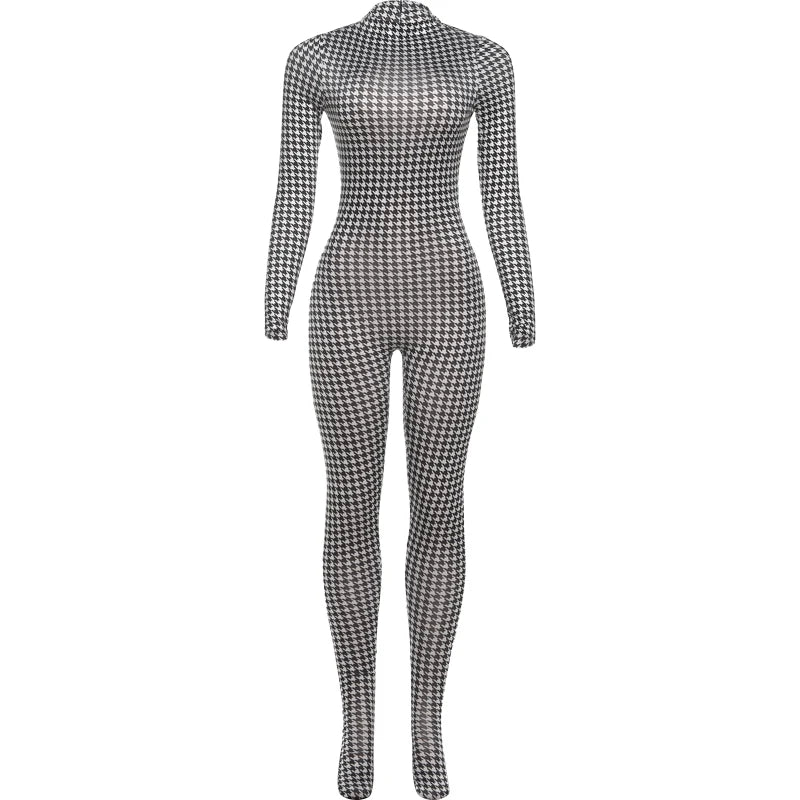 Sexy Foot Jumpsuit Women Snake Print Autumn Trend o-Neck Full Sleeve Stretch Skinny Street Clubwear Zip Slim Overalls
