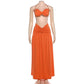Orange Two Piece Set Beaded Halter Top and Cut Out Pleated Maxi Skirt Vacation Outfits Woman 2026 Luxury