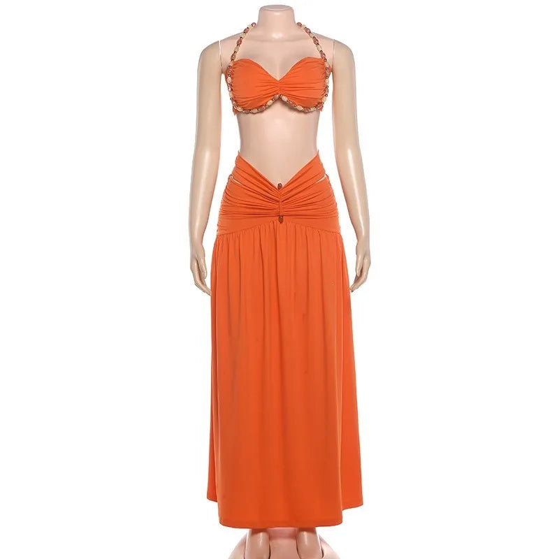 Orange Two Piece Set Beaded Halter Top and Cut Out Pleated Maxi Skirt Vacation Outfits Woman 2026 Luxury