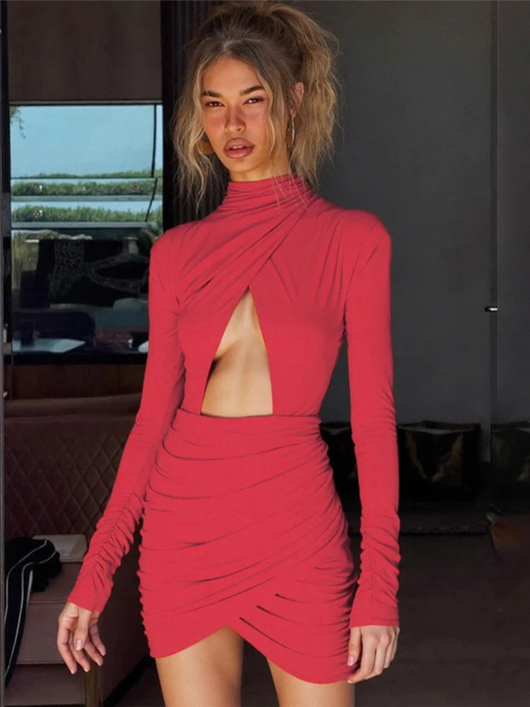 Sexy Cross Ruched Sress Women Belly Cutout Shoulder Padded Full Sleeve Stretch Slim Christmas Birthday Party Bodycon