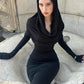 Classic Chic Hooded Dress Women Fall Elegant Basic Swing Collar Full Sleeve Stretch Skinny Slits Party Streetwear