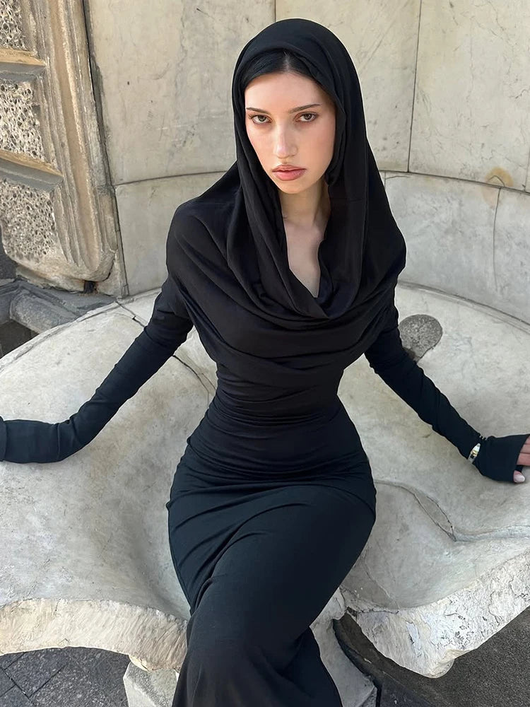 Classic Chic Hooded Dress Women Fall Elegant Basic Swing Collar Full Sleeve Stretch Skinny Slits Party Streetwear