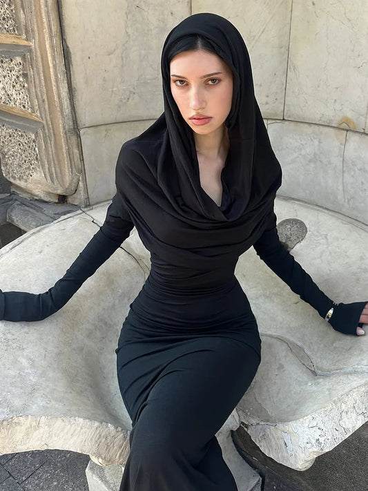 Classic Chic Hooded Dress Women Fall Elegant Basic Swing Collar Full Sleeve Stretch Skinny Slits Party Streetwear
