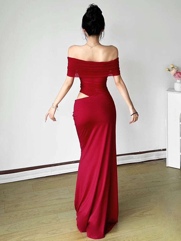 Ruched Irregular Dress Women Mesh Patchwork Slash Neck Short Sleeve Skinny Stretch Trend Elegant Long Bodycon Outfits