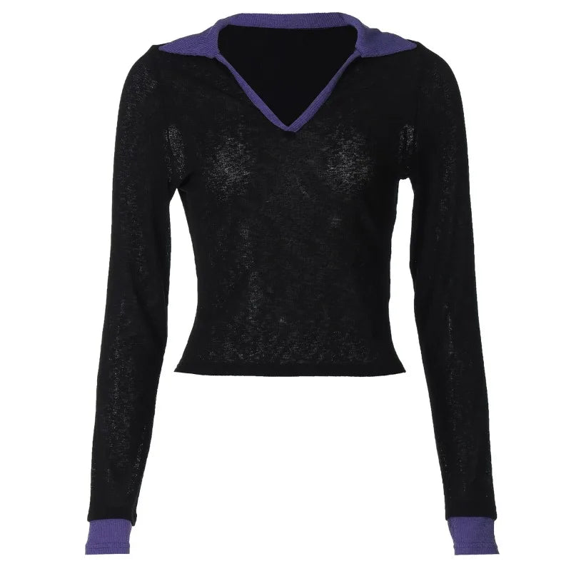 V Neck Long Sleeve Top Sexy Sheer Black T Shirts Trending 2025 Autumn Clothes for Woman