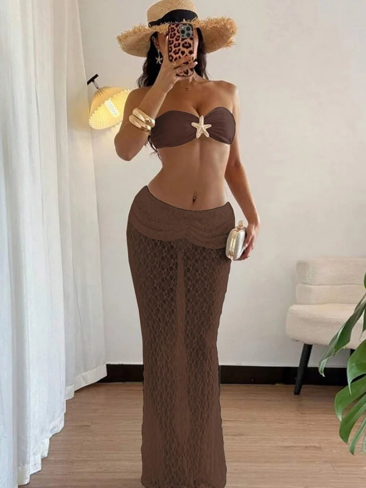 Two Piece Set See Through Lace Long Skirt Tube Top Beach Vacation Outfits Sexy Summer Clothes for Woman