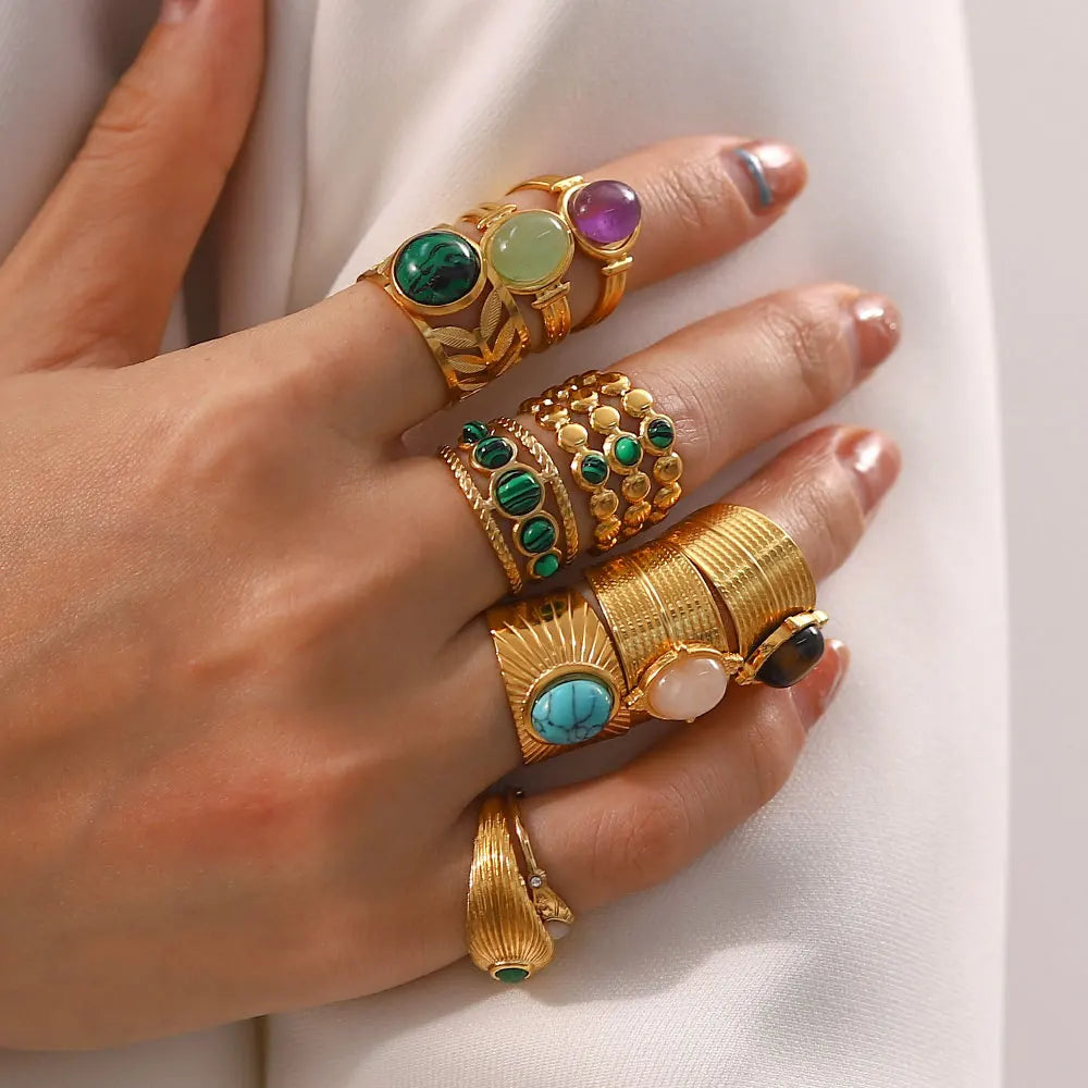 New Design Natural Stone Stainless Steel Ring Women Waterproof Stylish Golden Jewelry 2022 NEW Set