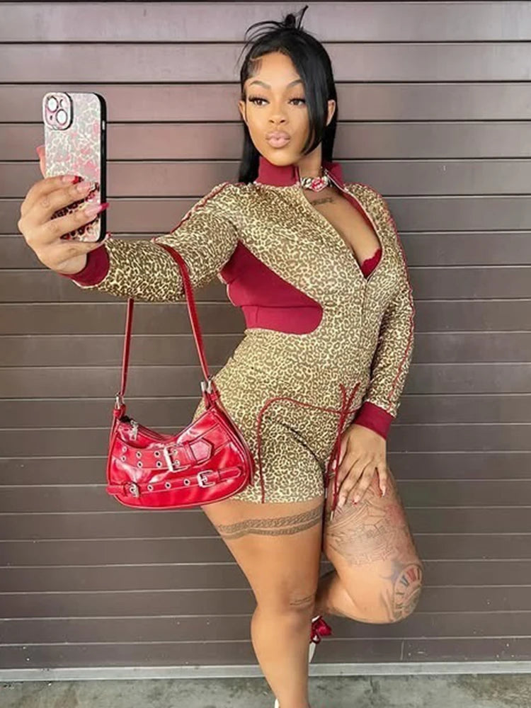 Casual Women 2 Piece Set  Tracksuit Leopard Print Patchwork Zip Crop Jacket+Shorts Sporty Stretch Streetwear Outfits