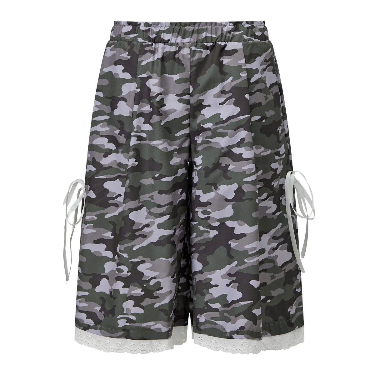 Women Bermuda Shorts Camo Plaid Print Elastic Waist Lace Trim Bow Decor Loose Baggy Knee Length Casual Street Shorts