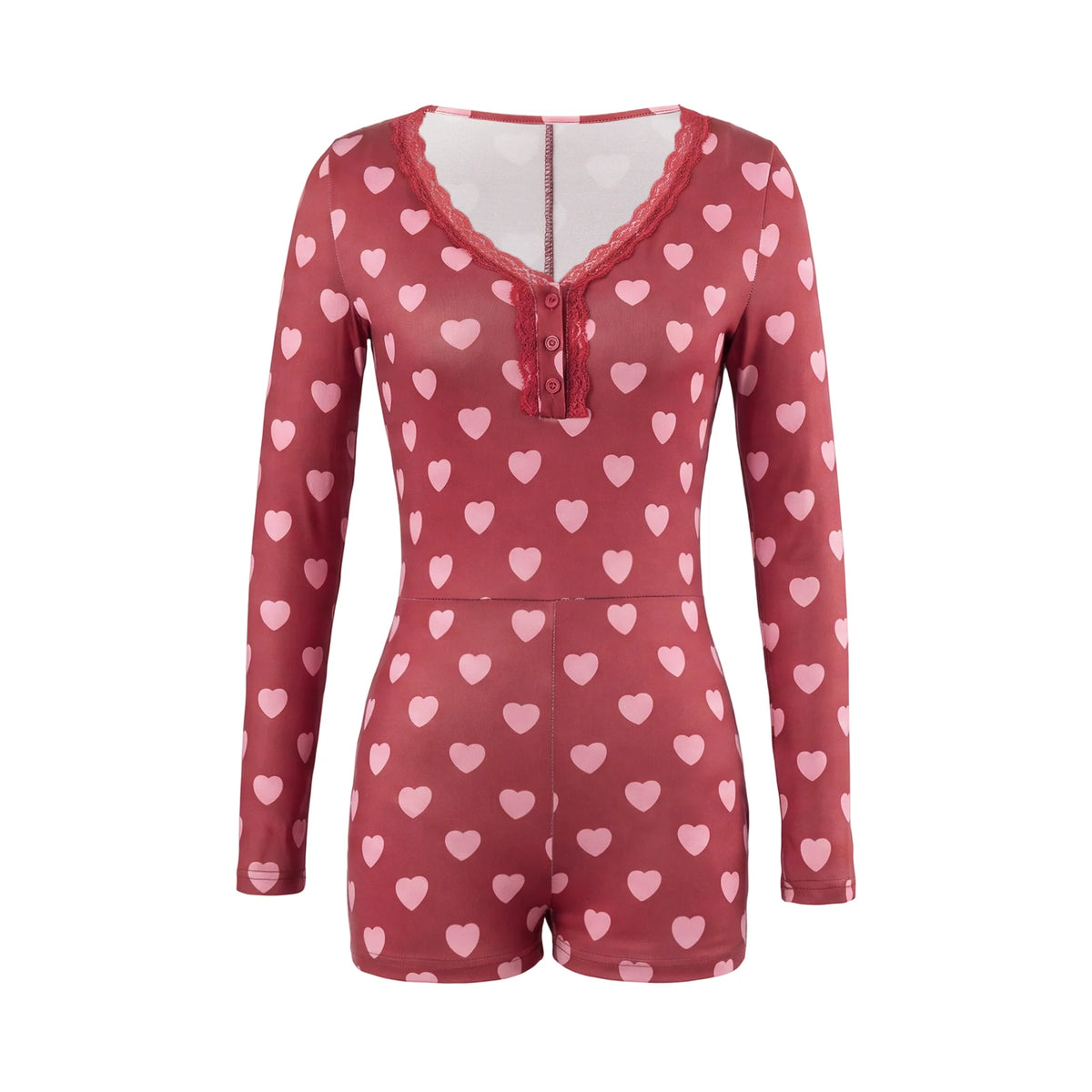 Women Heart Print Playsuit Lace Trim V Neck Button Long Sleeve Short Romper Slim Fit Valentines Nightwear Loungewear