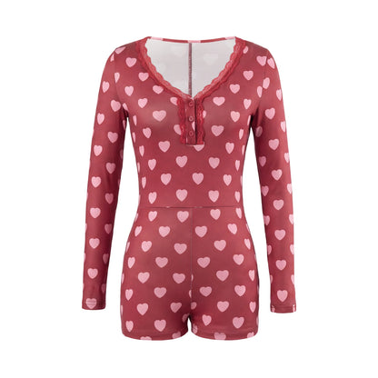 Women Heart Print Playsuit Lace Trim V Neck Button Long Sleeve Short Romper Slim Fit Valentines Nightwear Loungewear