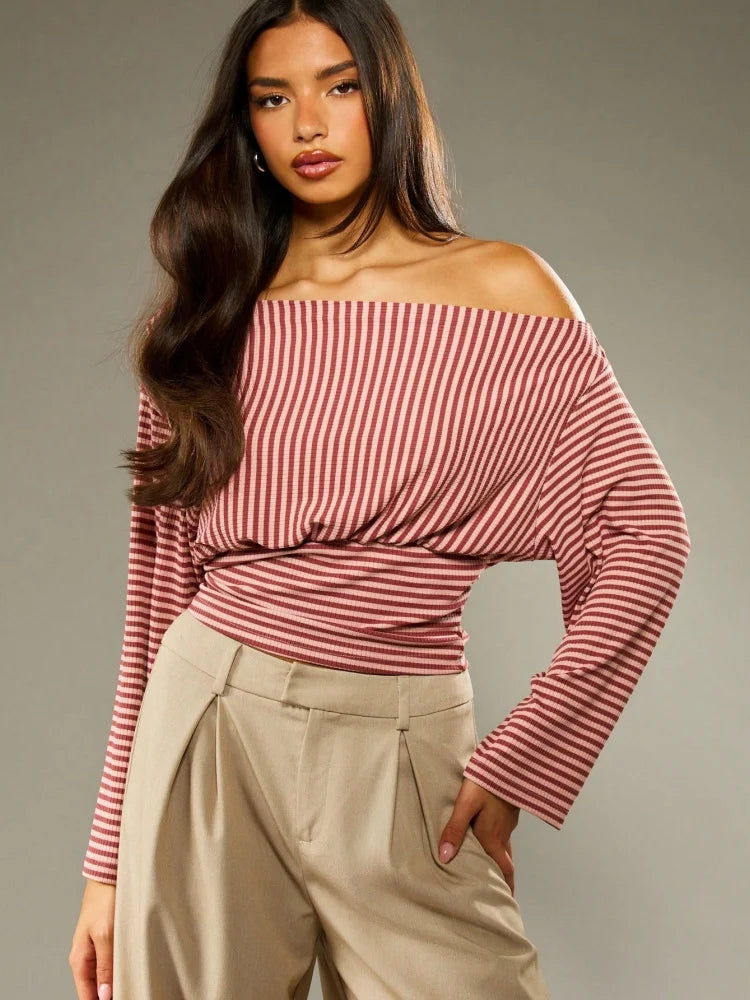 Off Shoulder Striped Fitted Long Sleeve Top with Ruched Waist Fall Woman's Clothes Casual T Shirts