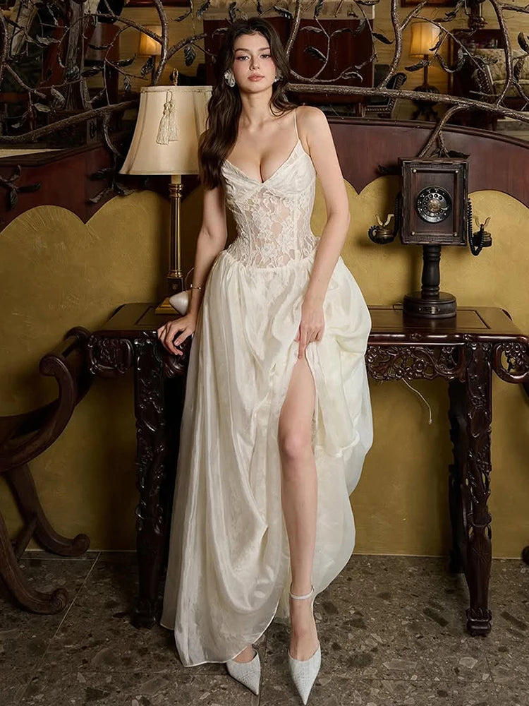 Elegant Jacquard Dress Women See Through Lace Patchwork Sleeveless V-Neck Party Banquet Fashion Chic Activity Outfits