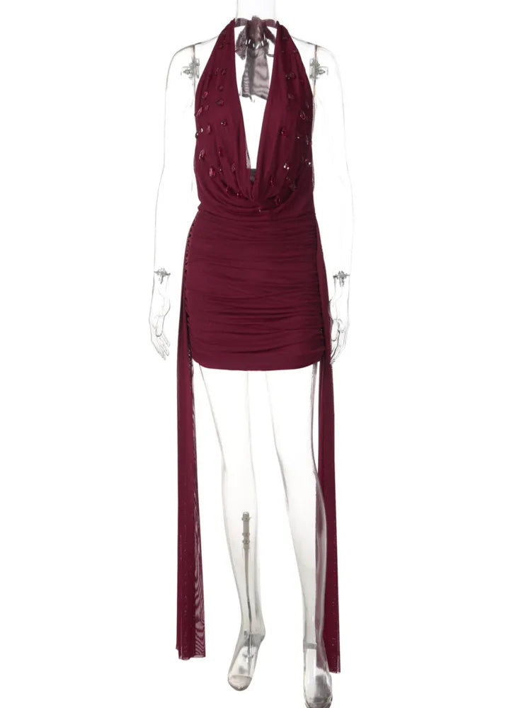 Halter Deep V Neck Backless Sexy Mini Dress Women Teardrop Crystals Off-shoulder Draped Ruched Skinny Club Party Dress